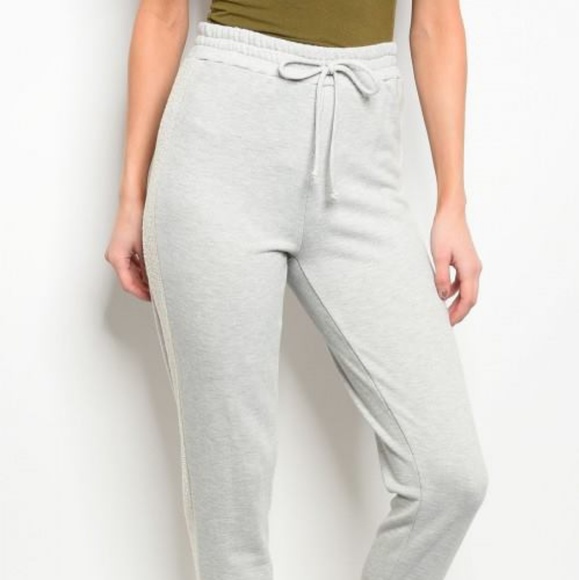 HIGH WAIST STRIPE TERRY JOGGERS in GRAY - Picture 2 of 5